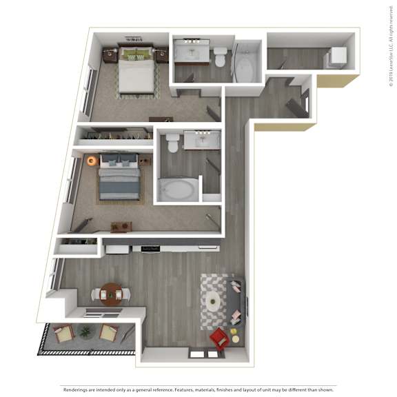 A 3D rendered image of a modern apartment.