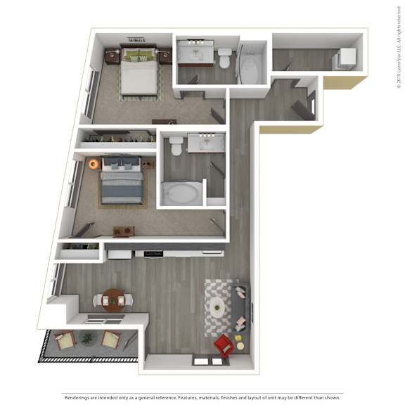 A 3D rendered image of a modern apartment.