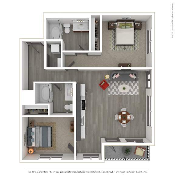 A 3D rendered image of a modern apartment.
