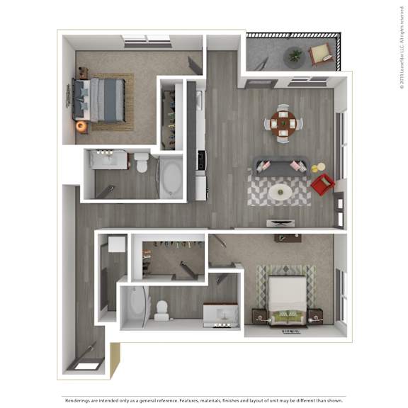 A 3D rendered image of a modern apartment.