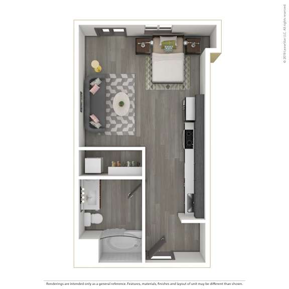 A 3D rendered image of a modern apartment.