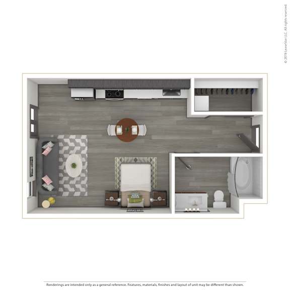 A 3D rendered image of a modern apartment.