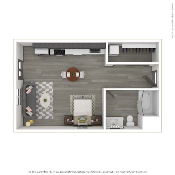 A 3D rendered image of a modern apartment.