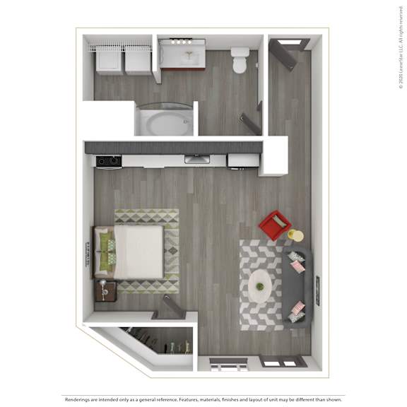 A 3D rendered image of a modern apartment.