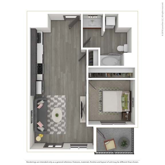 A 3D rendered image of a modern apartment.
