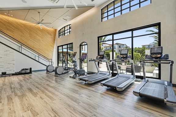 A gym with treadmills, weights and exercise equipment.