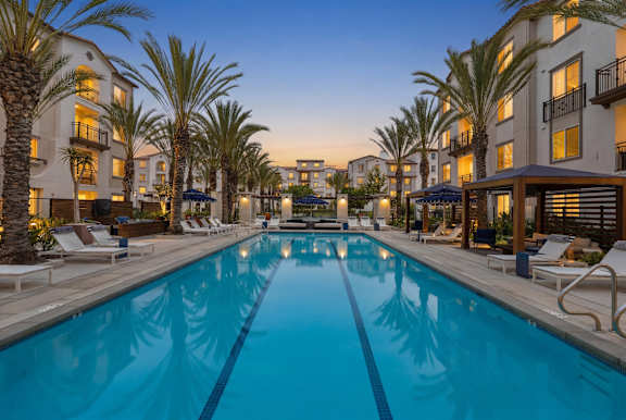 A large swimming pool surrounded by palm trees and lounge chairs.