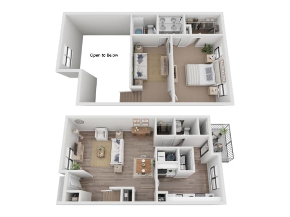 a stylized view of the 2nd and 3rd floor layouts of a house
