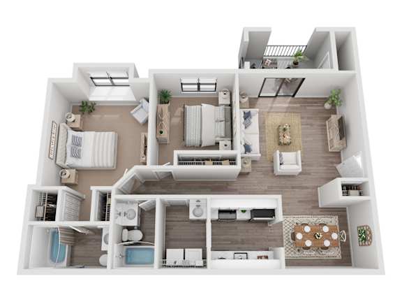 A 3D floor plan of a house with multiple rooms and furniture.
