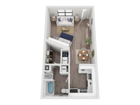 a 1 bedroom floorplan with a wood floor