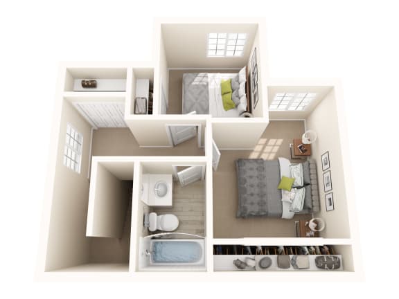 a 3d rendering of a bedroom with a living room