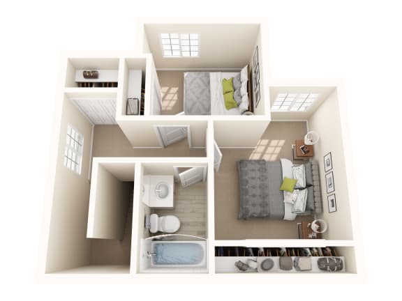 a 3d rendering of a bedroom with a living room