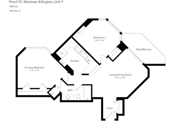 A black and white floor plan of a unit with a living area, two bedrooms, a bathroom, a kitchen, and a balcony.