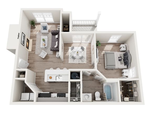 a 1 bedroom floorplan with a bathroom and a living room