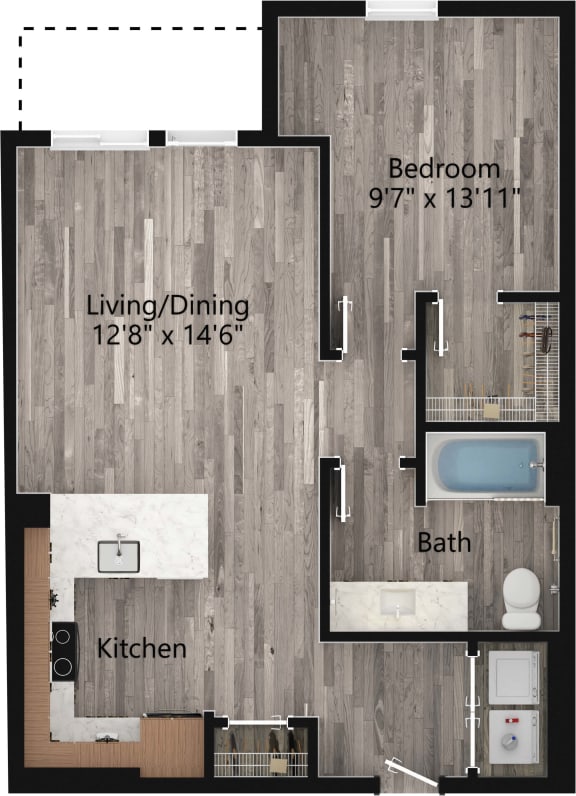 a floor plan drawing of a 1 bedroom apartment