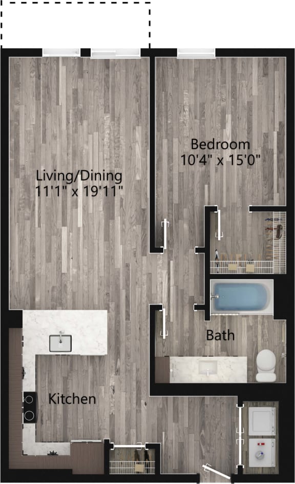 a floor plan drawing of a 1 bedroom apartment