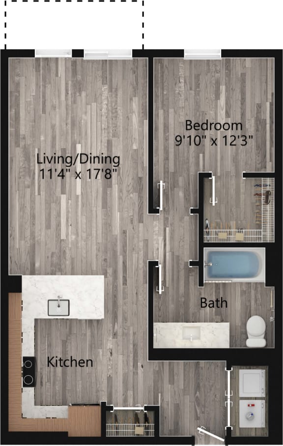 a floor plan drawing of a 1 bedroom apartment