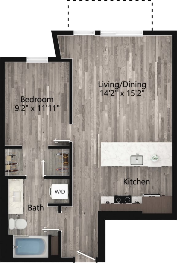 a floor plan drawing of a 1 bedroom apartment