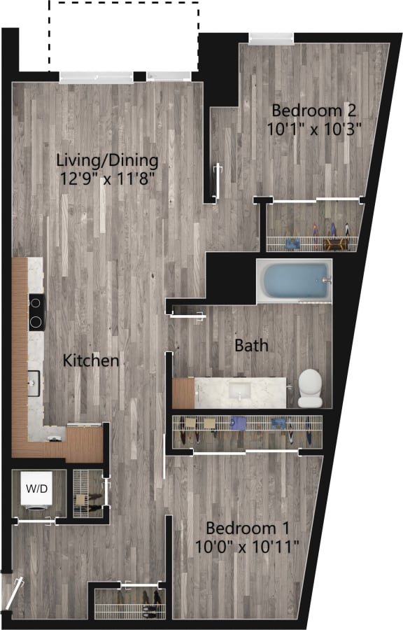 a floor plan drawing of a 2 bedroom, 1 bath apartment