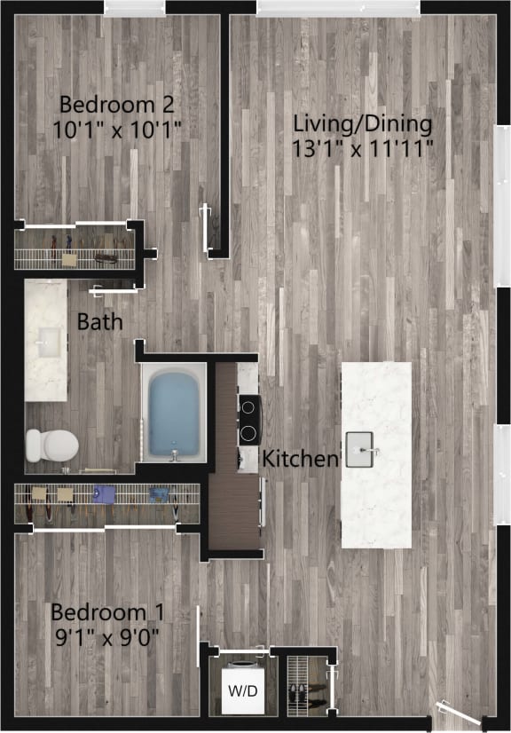 a floor plan drawing of a 2 bedroom, 1 bath apartment