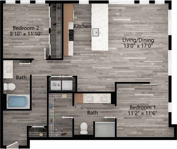 a floor plan drawing of a 2 bedroom, 2 bath apartment