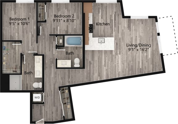 a floor plan drawing of a 2 bedroom, 2 bath apartment