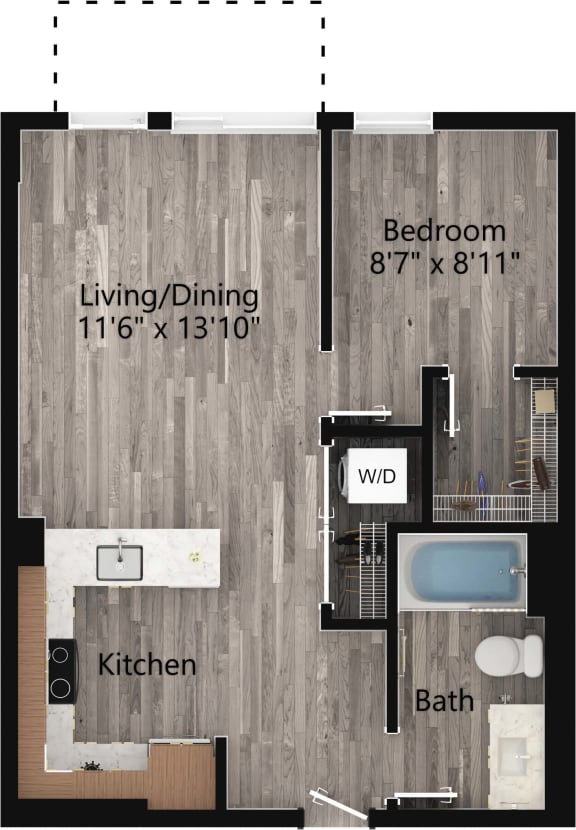 a floor plan drawing of a 1 bedroom, 1 bath apartment