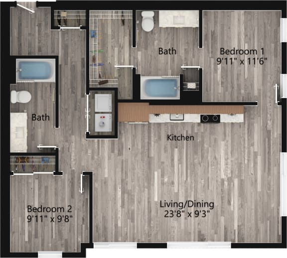 a floor plan drawing of a 2 bedroom, 2 bath apartment