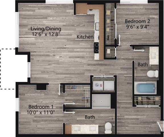 a floor plan drawing of a 2 bedroom, 2 bath apartment
