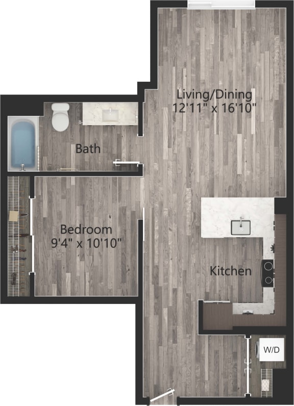 a floor plan drawing of a 1 bedroom, 1 bath apartment