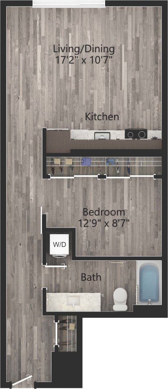 a floor plan drawing of a 1 bedroom, 1 bath apartment