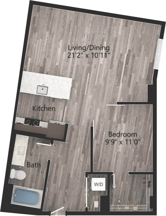 a floor plan drawing of a 1 bedroom, 1 bath apartment