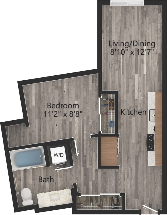 a floor plan drawing of a 1 bedroom apartment