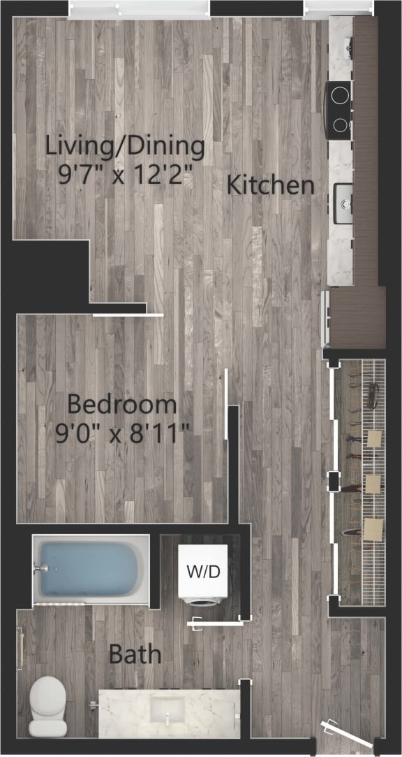 a floor plan drawing of a 1 bedroom, 1 bath apartment