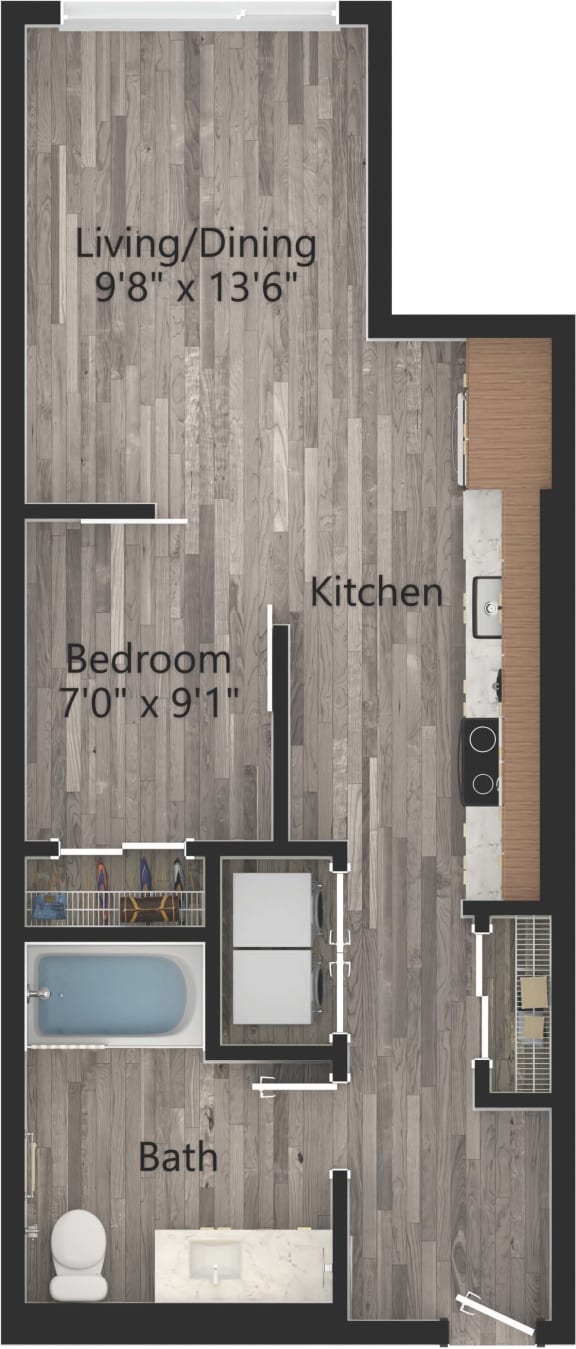 a floor plan drawing of a 1 bedroom, 1 bath apartment