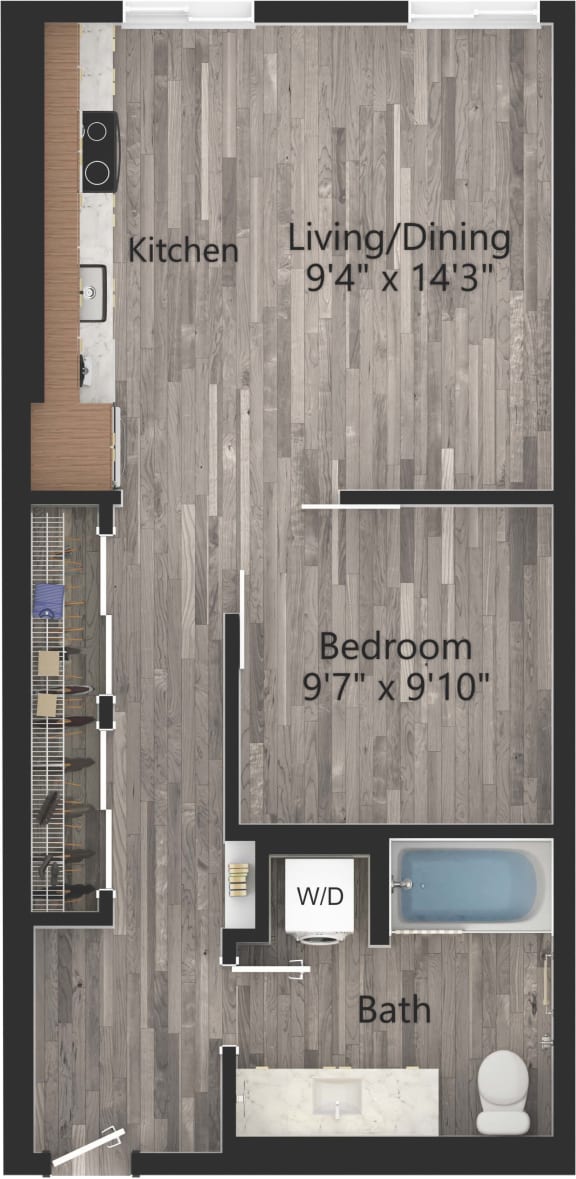a floor plan of an open one bedroom layout
