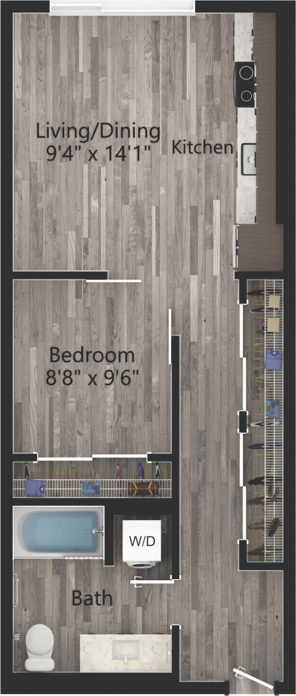 a floor plan drawing of a 1 bedroom, 1 bath apartment