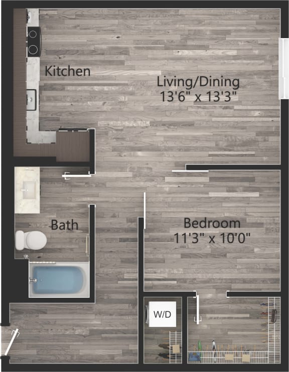 a floor plan drawing of a 1 bedroom, 1 bath apartment