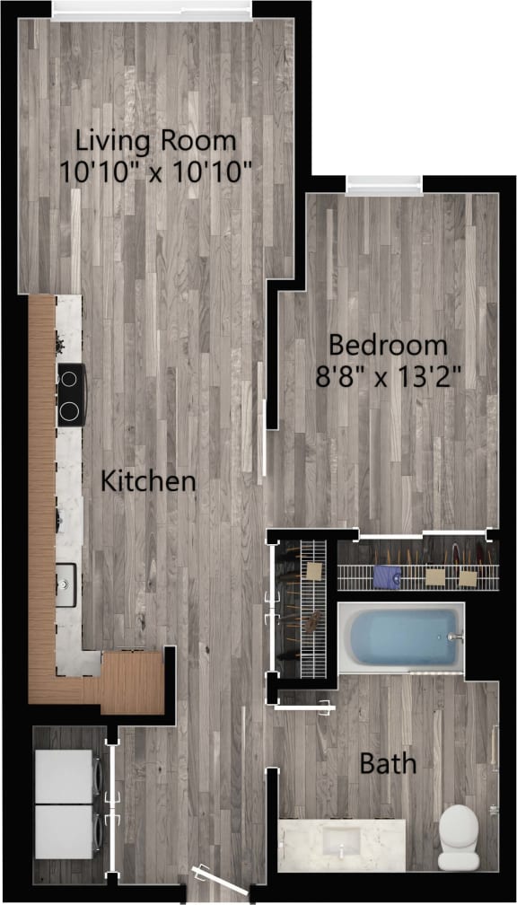 a floor plan drawing of a 1 bedroom, 1 bath apartment