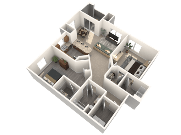 A 3D floor plan of a house with multiple rooms and furniture.