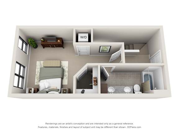 A 3D floor plan of a small apartment with a bedroom, living room, and kitchen.