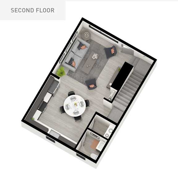 A top down view of a second floor apartment layout.