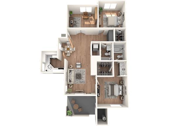 A top-down view of a house layout with a kitchen, living room, dining area, and bedrooms.