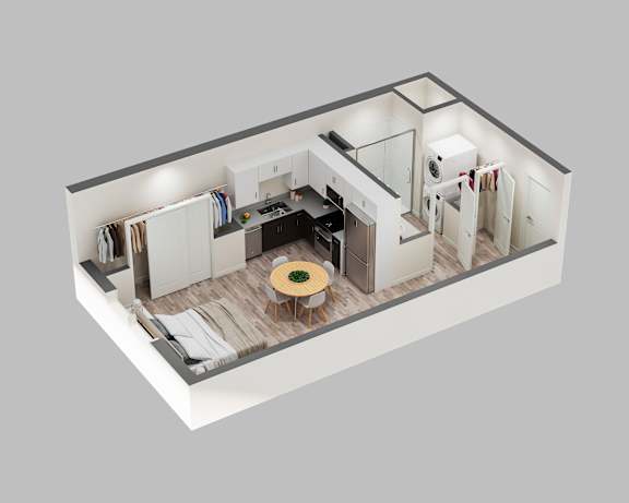 A 3D rendering of a modern kitchen with a dining table and chairs.