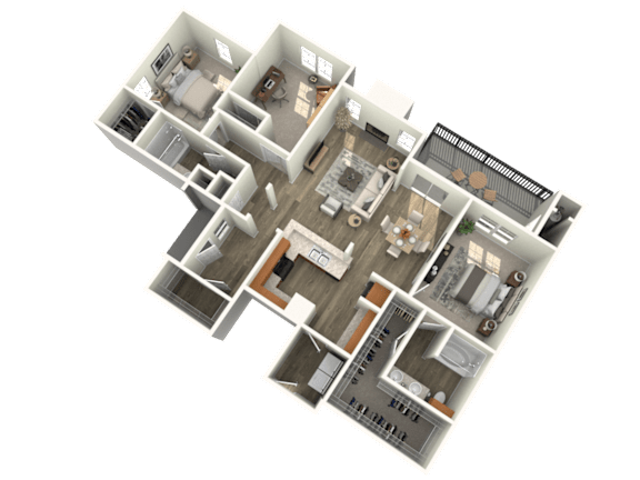 A 3D floor plan of a house with multiple rooms and furniture.