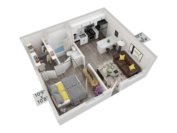 A 10x8 room with a bed, desk, and chair.