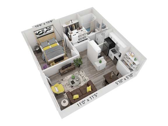 A 3D floor plan of a small apartment with a kitchen, living room, and bathroom.