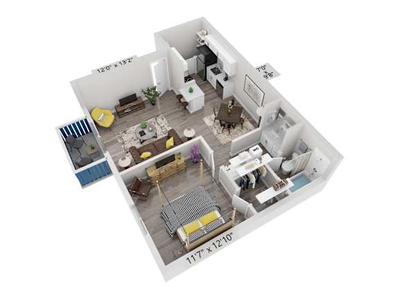 A 3D floor plan of a house with a living room, kitchen, dining room, and bathroom.