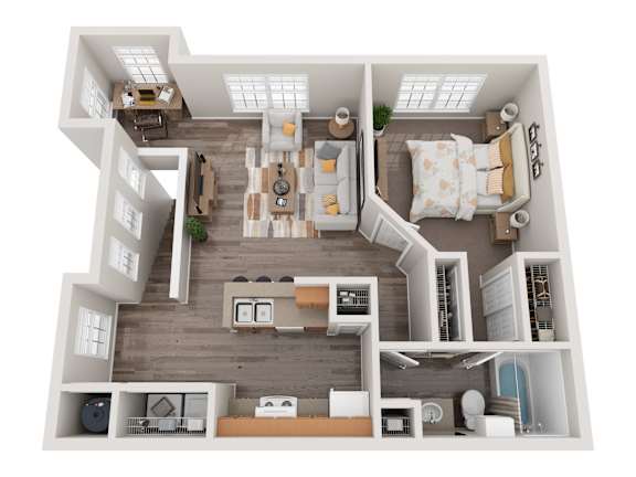 A top-down view of a two-bedroom apartment with a living room, kitchen, and bathroom.