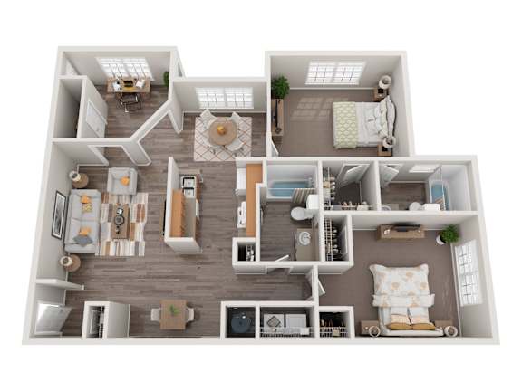 A top-down view of a small apartment with a kitchen, living room, and bedroom.